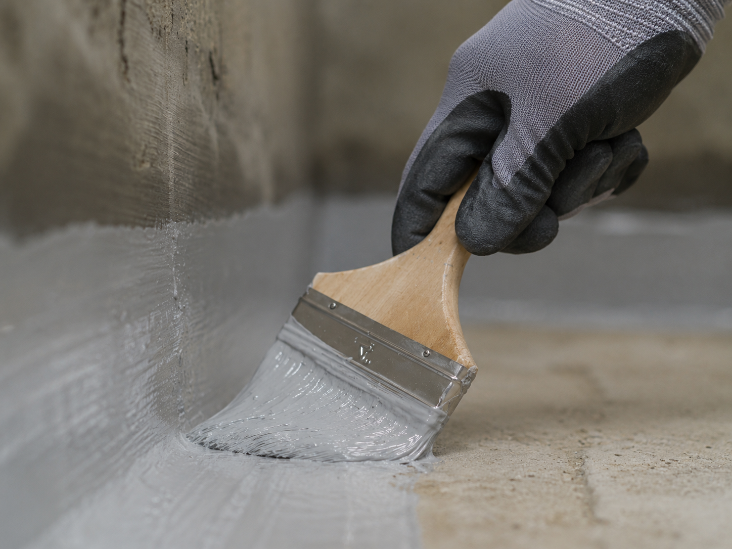 Manual application of ElaProof Classic H around a wall-to-floor transition.